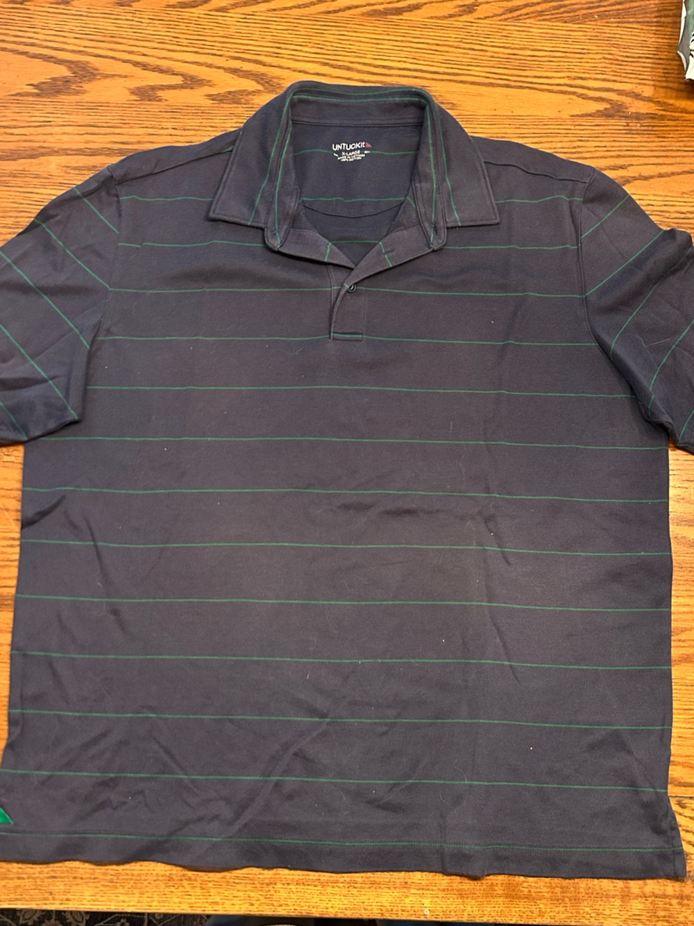 UNTUCKit Navy Polo with Green Pinstripes